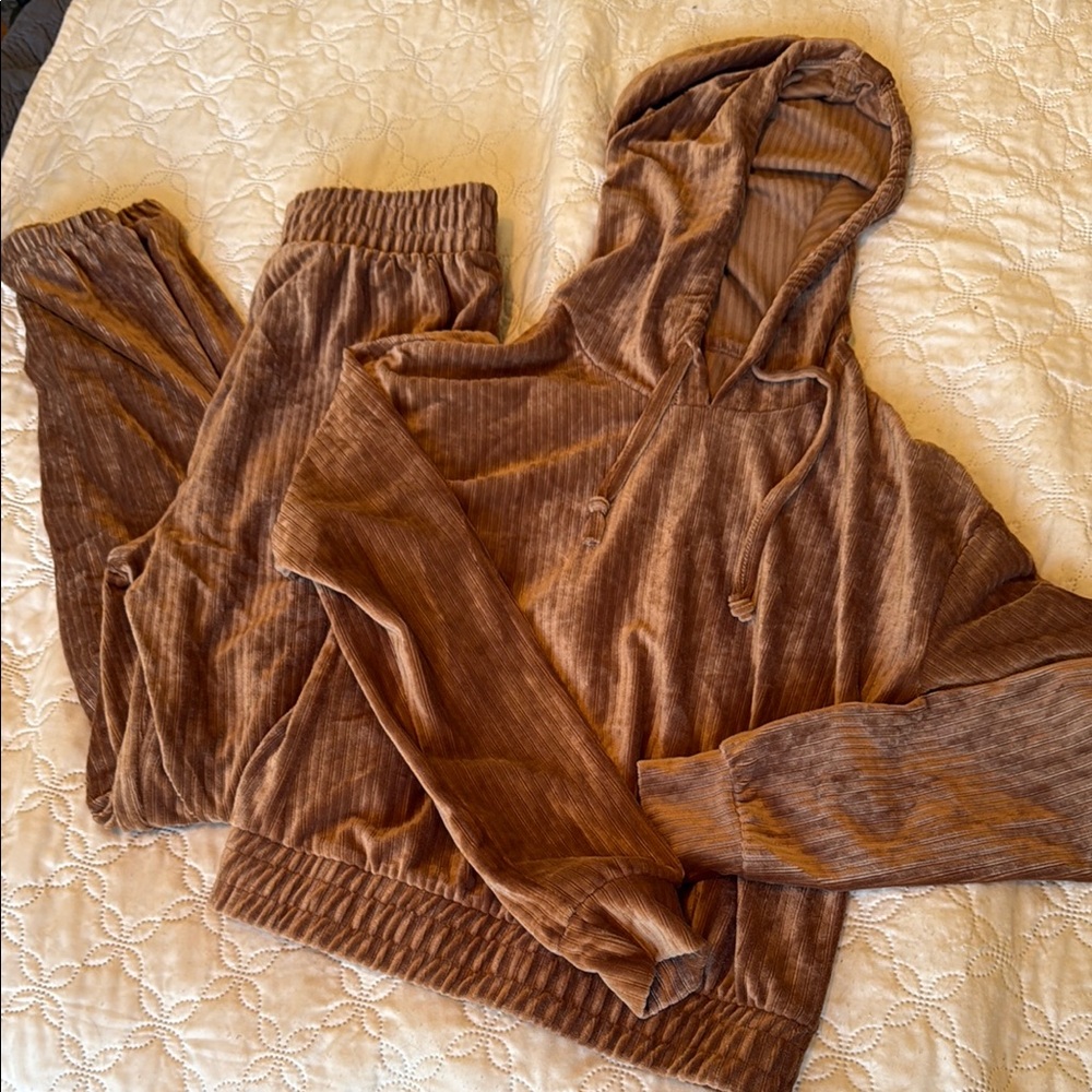 Cozy Brown Velour Cropped Hoodie and Jogger Set